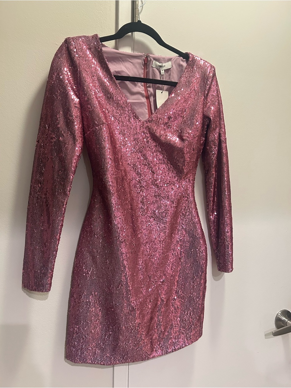 LIKELY pink sequin long sleeve v neck a-line mini dress NWT - size 0